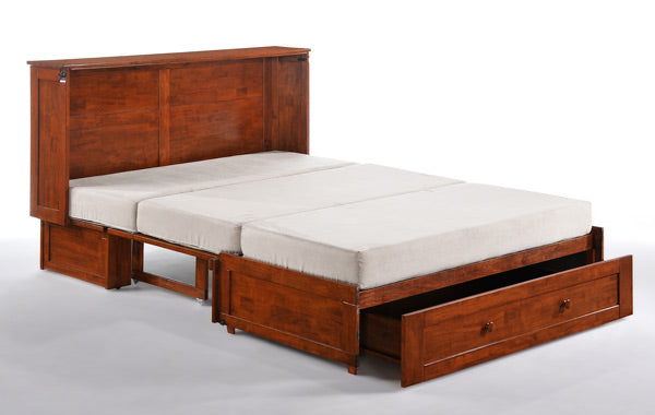Clover Murphy Cabinet Bed Queen Size in color cherry, bed mattress fully open