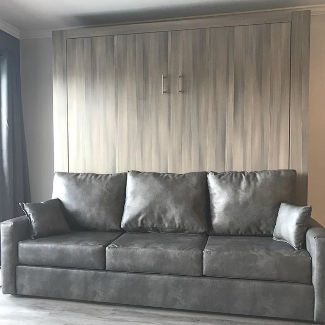 Sofa and Panel Bed Ensemble with color gray sofa, front view, bed pulled up
