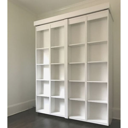 In Stock Boaz BiFold Bookcase Murphy Bed in color white, bed pulled up, double-full size