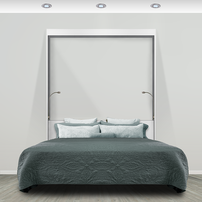 The home office Murphy bed with a desk in color white, bed pulled up