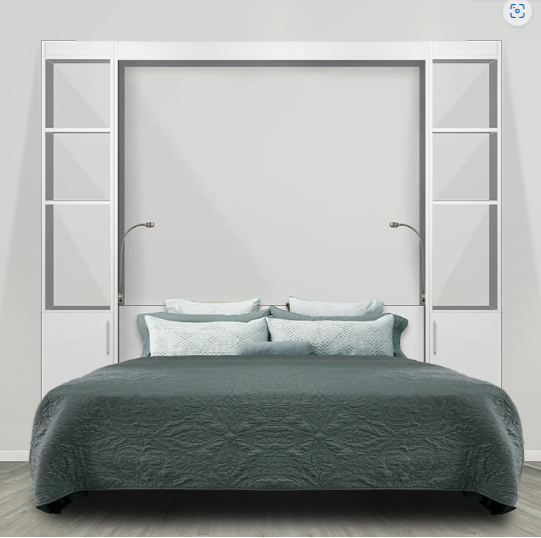 In stock Suite Dreams in color white, queen size, front view bed pulled down