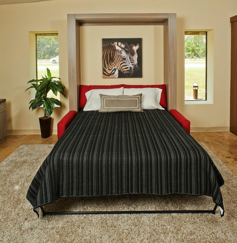 Sofa and Panel Bed Ensemble with color red sofa, front view, bed pulled down 