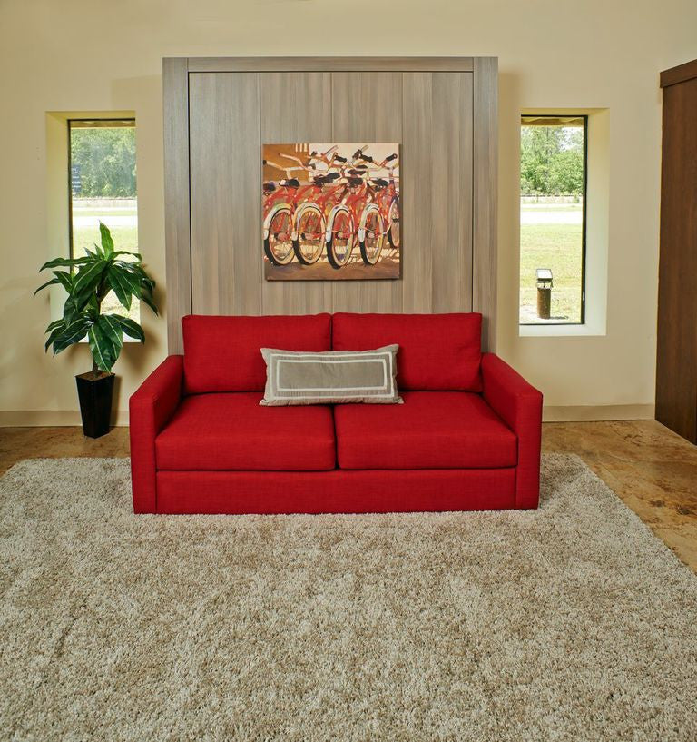 Sofa and Panel Bed Ensemble with color red sofa, front view, bed pulled up