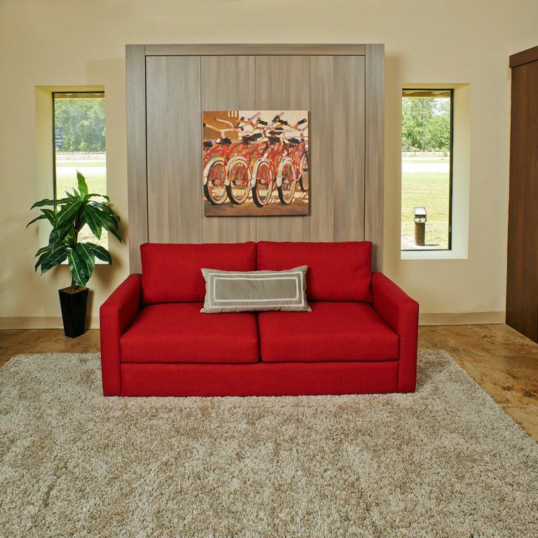 Sofa and Panel Bed Ensemble with color red sofa, front view, bed pulled up