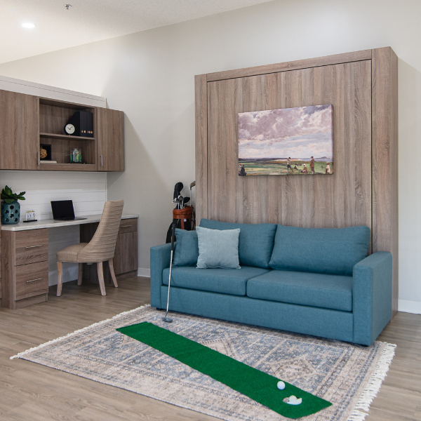 Sofa and Panel Bed Ensemble in color, right angled view, bed pulled up