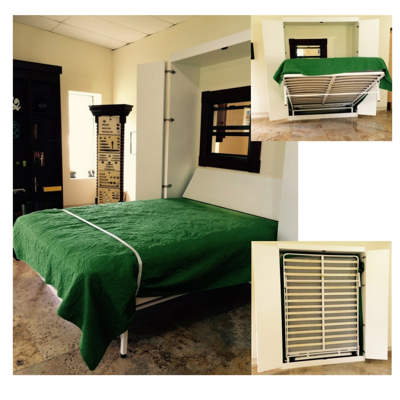 The Next Bed Wall-Mounted Murphy Bed Frame in folded up and pulled down state