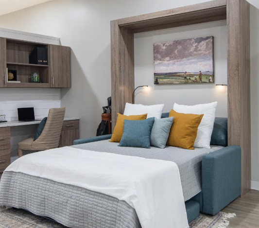 A side-by-side product comparison graphic demonstrating Murphy bed functionality in modern interior spaces.