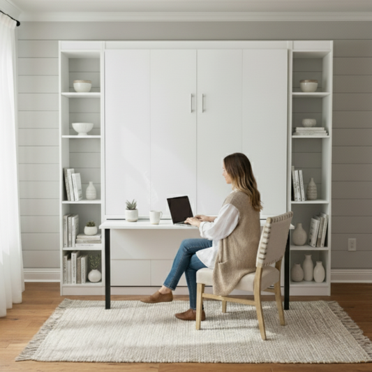 Woman sitting at a desk in a MURPHY BED home office with white bookshelves and decor.