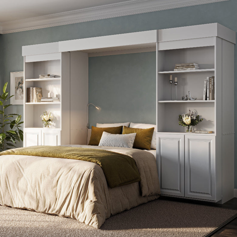 Modern bedroom with a Murphy bed and built-in bookshelves.