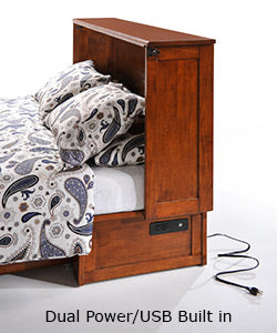 Clover Murphy Cabinet Bed Queen Size in color cherry, left angled view with built-in dual power and USB slots