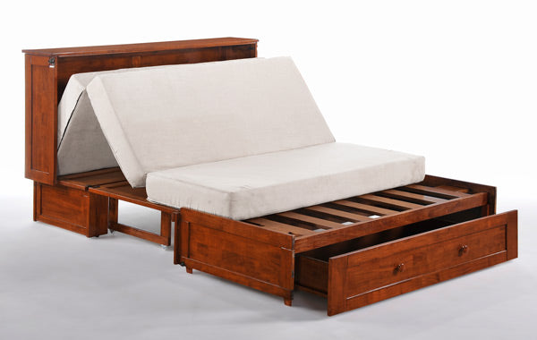 Clover Murphy Cabinet Bed Queen Size in color cherry, bed mattress half open