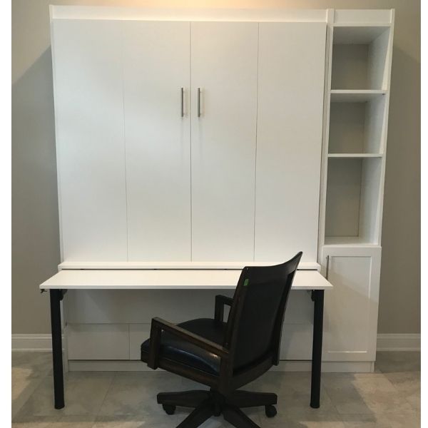 The home office Murphy bed with a desk in color white, bed and desk pulled up