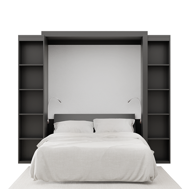 In stock Boaz BiFold Bookcase Murphy Bed in color black, bookcase front view, bed pulled down