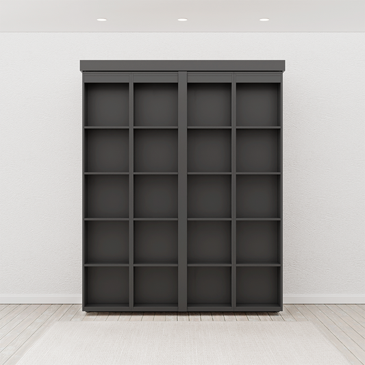 In stock Boaz BiFold Bookcase Murphy Bed in color black, bookcase front view, bed pulled up