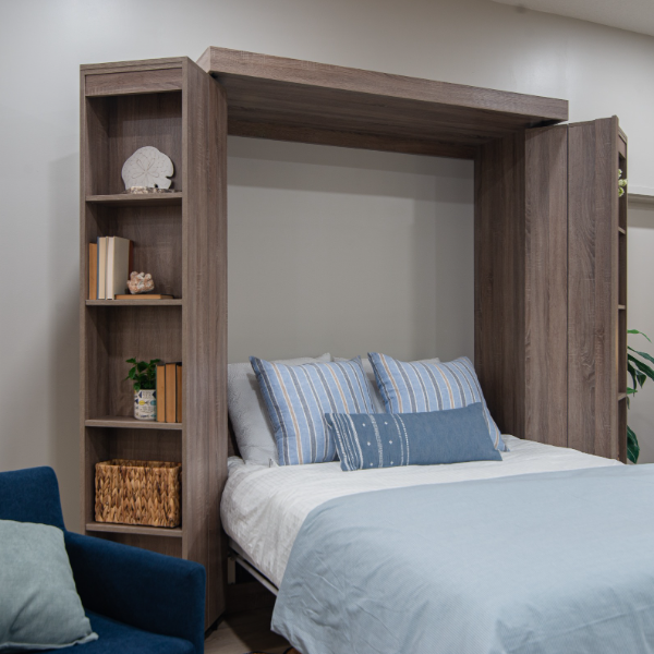 In Stock Boaz BiFold Bookcase Murphy Bed in color Monaco, Queen Size with bed pulled down