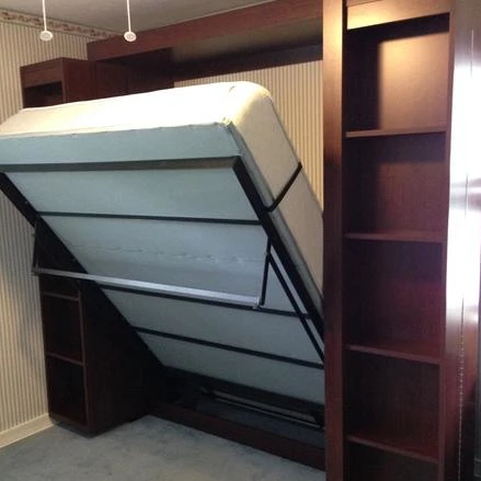In stock Boaz BiFold Bookcase Murphy Bed, right angled view, bed half open