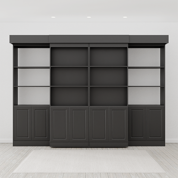 Majestic Library Bed: Supreme in color black, book case front view, bed pulled up