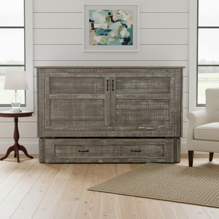 poppy murphy cabinet bed with a chair and side table in a modern farmhouse room with shiplap