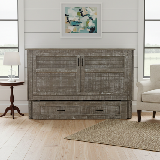 poppy murphy cabinet bed with a chair and side table in a modern farmhouse room with shiplap